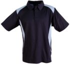 A black short-sleeve polo shirt with light gray panels on the shoulder extending down the sides. The shirt has a collar and a front button placket.