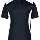A black polo shirt with short sleeves featuring white side panels and a blue inner collar. The shirt has a classic collar with two buttons.