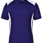 A purple polo shirt with a collar and a buttoned placket. The shirt features white accents on the shoulders and sides, adding contrast to the overall design.