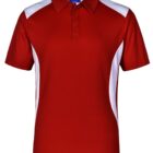Red polo shirt with short sleeves, featuring white shoulder panels and side accents. The collar has a two-button placket.
