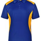 A blue polo shirt featuring yellow accents on the shoulders and sides. The shirt has a collar and three-button placket.