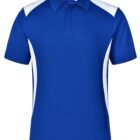 Blue polo shirt with white accents on the shoulders and sides. The shirt features a classic collar, short sleeves, and a buttoned placket.