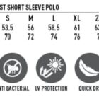 Size chart for PS31 Mens TrueDry Contrast Short Sleeve Polo, listing sizes XS to 5XL, with half chest and body length measurements. Features include TrueDry fabric, moisture wicking, antibacterial, UV protection, quick dry, breathable, and easy care.