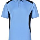 A light blue polo shirt with short sleeves and a collar. It features black panels on the shoulders and sides, and has a buttoned placket.