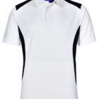 White polo shirt with black side panels, short sleeves, and a contrasting collar design.