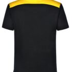 Rear view of a black polo shirt with a vibrant yellow stripe across the shoulders and back. The shirt features short sleeves and a classic collar.