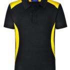 Black polo shirt with a collar and buttoned placket, featuring yellow panels on the shoulders and sides.