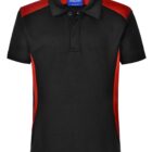 A black polo shirt with a red shoulder panel design and red side stripes.
