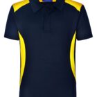 Navy blue short-sleeve polo shirt with yellow shoulder and side panels. It has a collar and buttons at the neckline.