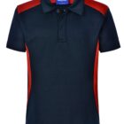 A navy blue polo shirt with red accents on the shoulders and sides. The shirt has a collar and three buttons at the neckline.