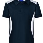A short-sleeved, black polo shirt with a collar and buttons. It features white accents on the sides and shoulders, creating a contrasting design. The shirt appears to be made of a sporty, breathable fabric.