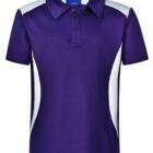 Purple polo shirt with a collar and three buttons, featuring white side panels.