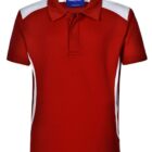 A red polo shirt with white accents on the shoulders and sides. The shirt features a collar and a short button placket.