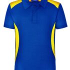 Blue polo shirt with a collar and buttons, featuring striking yellow panels on the shoulders and sides. The shirt is displayed against a plain white background.