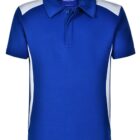 A blue short-sleeved polo shirt with white panels on the shoulders and sides. It has a collar and a buttoned placket.