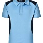 A light blue short-sleeve polo shirt with a collar and two buttons. It features dark blue accents on the shoulders and sides.
