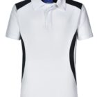 White short-sleeve polo shirt with a collar and black side panels. The shirt has a sleek design with a simple button-up placket at the neckline.