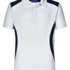 White and navy short-sleeve polo shirt with a collar and two-button placket. The shirt features navy panels on the shoulders and sides.