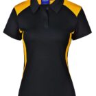 Black polo shirt with yellow shoulder and side panels, short sleeves, and a collar.