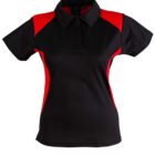 Black and red short-sleeved polo shirt with a collar, shown on a white background.
