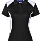 Black and white short-sleeve polo shirt with a collar and button placket.