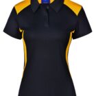 Black polo shirt with yellow shoulder and side panels, short sleeves, and a collar.