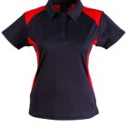 Navy blue polo shirt with red shoulder and side panels, short sleeves, and a collar.