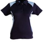 Navy blue and light blue short-sleeve polo shirt on a plain white background.