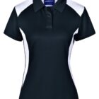 Black and white short-sleeve polo shirt with a collar and button placket.