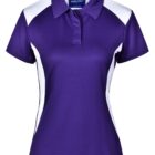 Purple and white short-sleeve polo shirt with collar and buttoned placket.