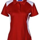 Red and white womens short-sleeve polo shirt with a collar and a partial button placket.