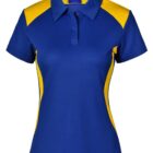 Blue short-sleeve polo shirt with yellow accents on shoulders and sides, front view.