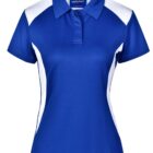 Blue and white short-sleeve polo shirt with a collar and button placket.