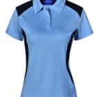 Light blue short-sleeve polo shirt with black side and shoulder panels, front view.
