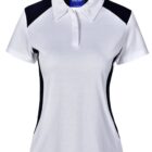White polo shirt with black side panels and shoulder accents, short sleeves, and collar.