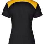 Black polo shirt with short sleeves and a yellow panel across the upper back and shoulders.