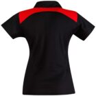 Back view of a short-sleeve black polo shirt with red shoulder panels.