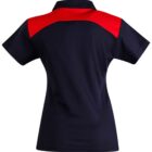 Navy blue polo shirt with a red panel across the shoulders, shown from the back.