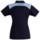 Navy blue polo shirt with short sleeves and light blue panel across the upper back.