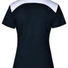 Black short-sleeve polo shirt with a white yoke, viewed from the back.