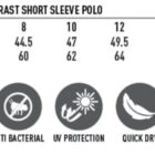 Size chart and icons show features of a ladies’ short sleeve polo, including UV and quick dry.