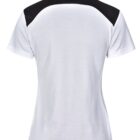 Back view of a white polo shirt with black accents on the shoulders.