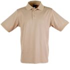 A beige, short-sleeved polo shirt with a classic collar and three-button placket. The shirt is displayed against a white background. No visible logos or patterns.