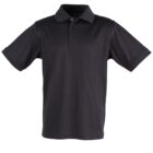 Plain black polo shirt with short sleeves and a collar. Three buttons are visible on the placket. The shirt is displayed against a white background.