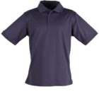 A plain, dark blue polo shirt with short sleeves and a classic collar is shown against a white background. The shirt has a three-button placket.