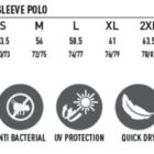 Size chart for mens Truedry short sleeve polo showing measurements in XS to 5XL. Icons below indicate features: TrueDry fabric, moisture wicking, antibacterial, UV protection, quick dry, breathable, and easy care.