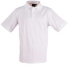 A plain white polo shirt with a collar and three buttons, displayed against a white background. The shirt is short-sleeved and has a simple, classic design.