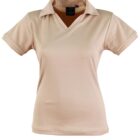 Beige short-sleeve collared polo shirt on a plain white background.