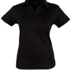 Black short-sleeve women’s polo shirt with a collar, displayed on a white background.