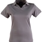 Gray short-sleeve womens polo shirt with a collar, shown on a white background.